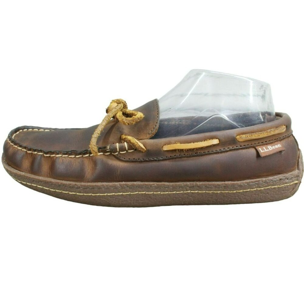 LL Bean Brown Leather Slip On Flannel-Lined Handsewn Slippers Size 7 M